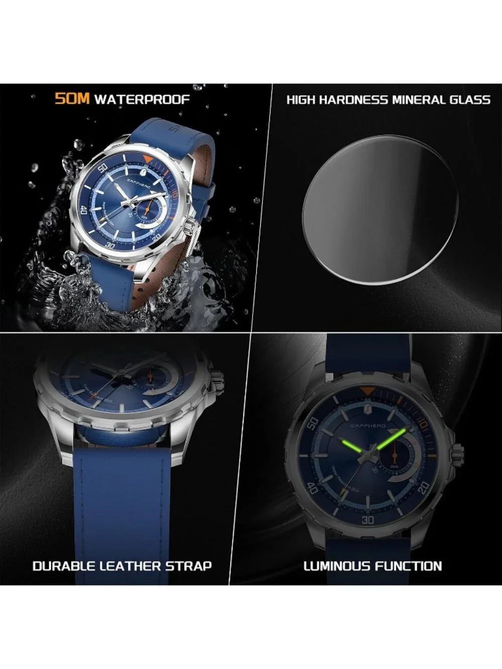 Men's Silver/Blue Numeral Dial Leather Strap Analog Quartz Elegant Wrist Watch